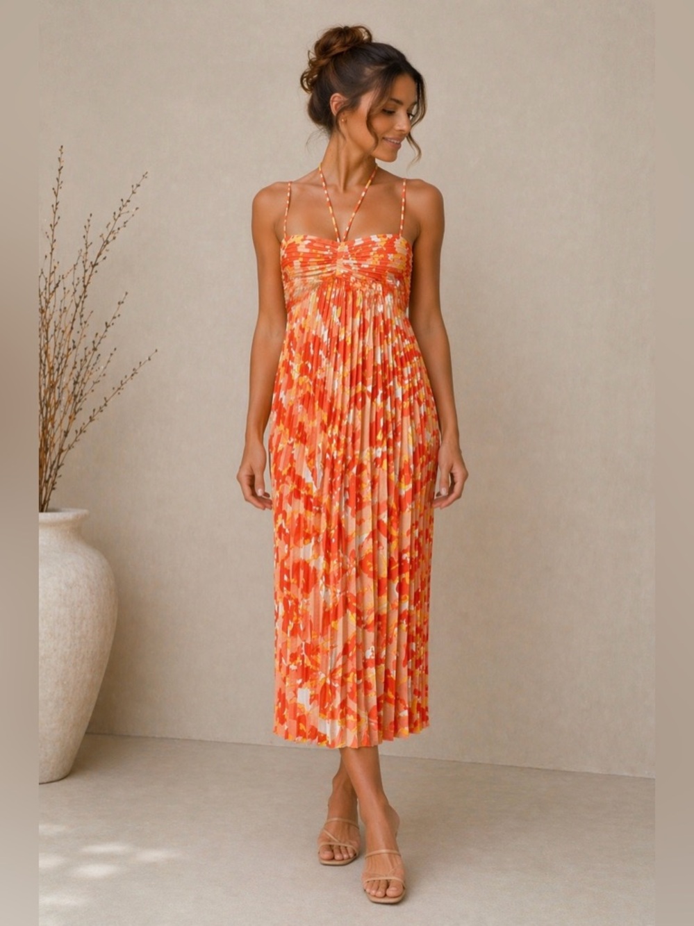 Zara Orange Floral Pleated Midi Dress Halter Ruched Bust Vacation Resort Size M